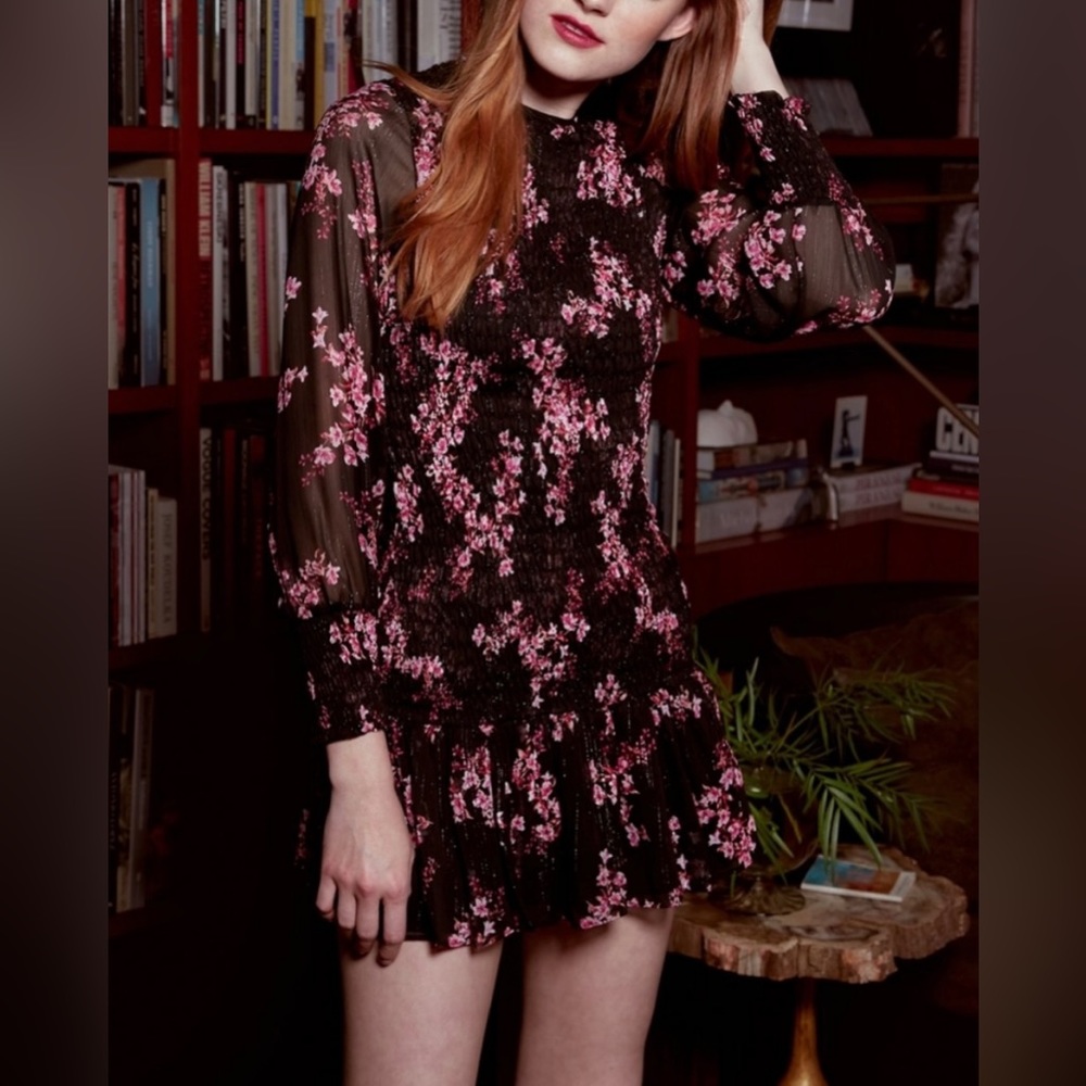 Misa Los Angeles Black Pink Floral Smocked Mini Dress